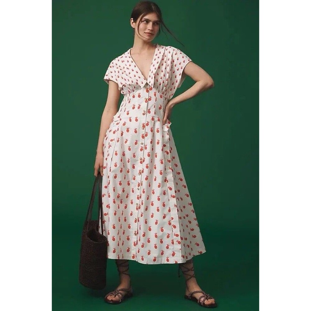 $198 Anthropologie Pineapple Short Sleeve V-Neck Dress Size Small Midi Cottage - Picture 2 of 16